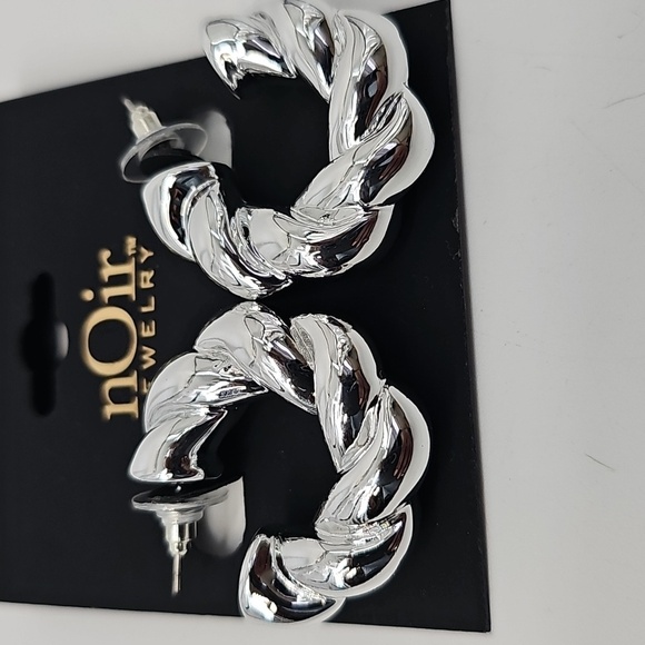 nOir Thick Chunky Shiny Faux Silver Twisted Hoop Lightweight Statement Earrings - Picture 6 of 8